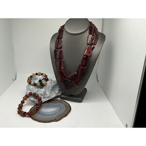 Two Rock Strecthy Bracelets W/ Glass Multi Layer Necklace